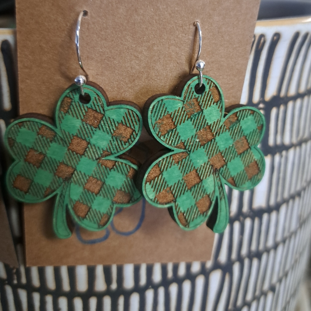 Wooden clover hand painted earrings